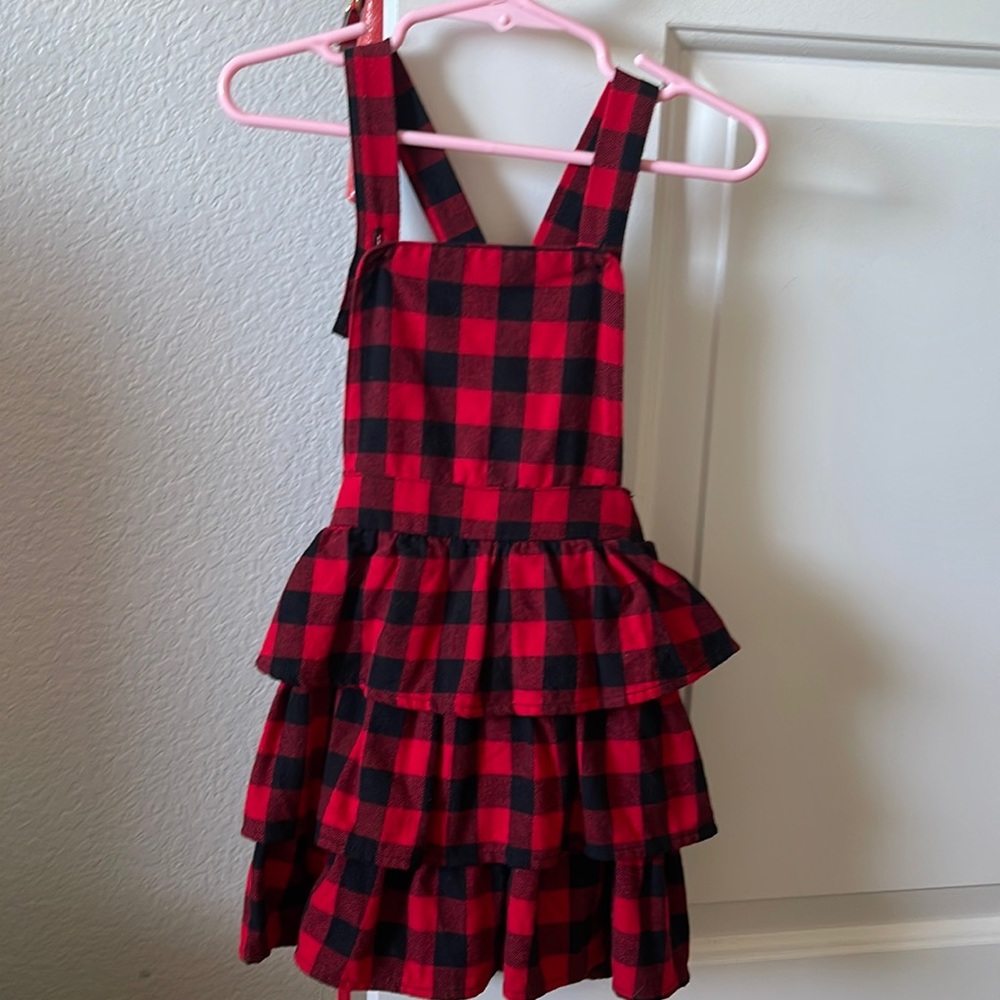 Red and black buffalo check 2 toddler three tier dress.